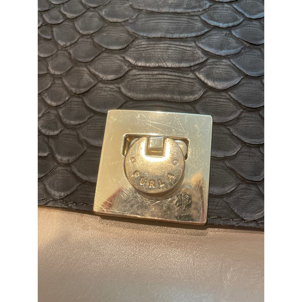 FURLA Women's Embossed Croc Leather Top Handle Satchel Bag Black/White Large - Picture 2 of 10